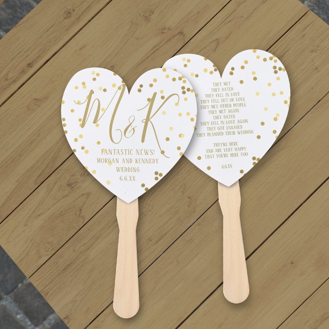 Gold Confetti Heart Wedding Program Hand Fan (A beautiful love story - add yours)