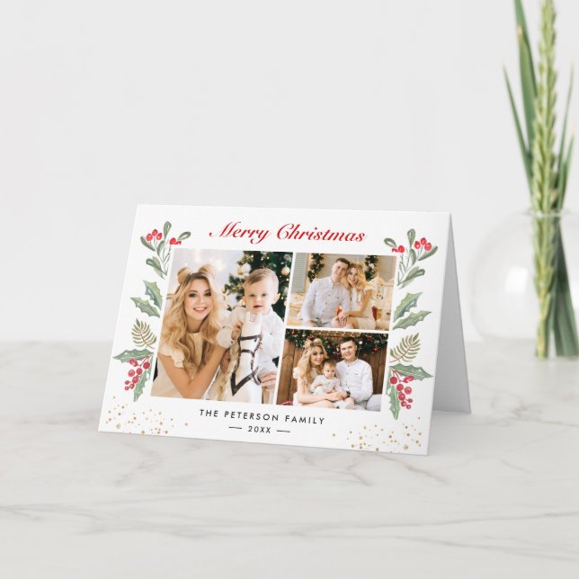 Gold Confetti Holly Berries Chic Christmas 3 Photo Holiday Card (Front)