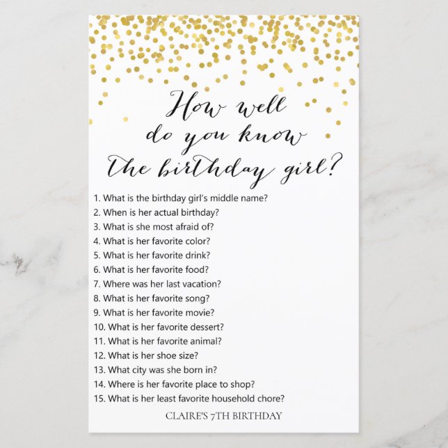 Gold Confetti How well do you know birthday girl (Front)