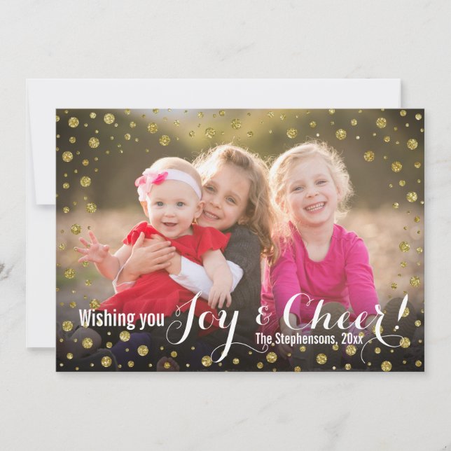 Gold Confetti Joy and Cheer Holiday Photo Card (Front)