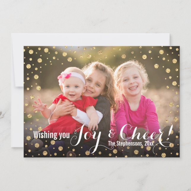 Gold Confetti Joy and Cheer Holiday Photo Card (Front)