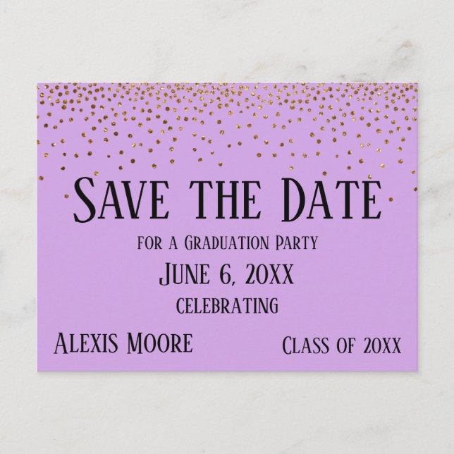 Gold Confetti Lavender Graduation Save the Date Postcard (Front)