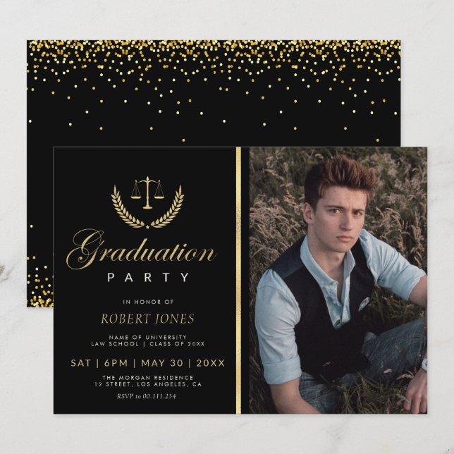 gold confetti Law school graduation party Invitation (Front/Back)