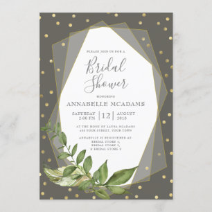 Gold Confetti Leaves Grey Geometric Bridal Shower Invitation