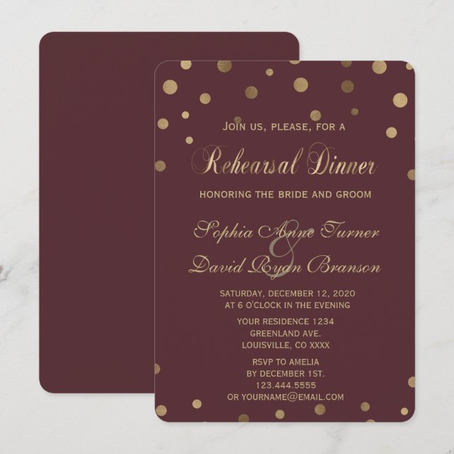 Gold Confetti Love Burgundy Rehearsal Dinner Invitation (Front/Back)