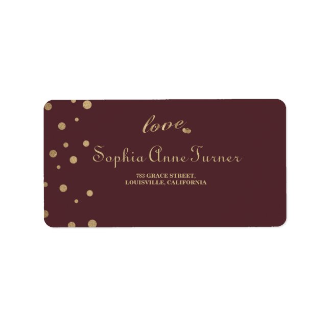 Gold Confetti Love Burgundy Wedding Label (Front)