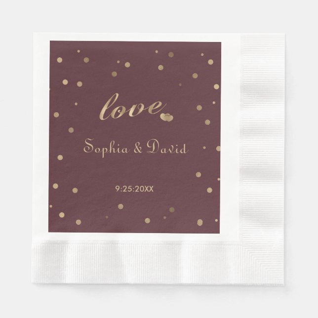 Gold Confetti Love Burgundy Wedding Napkin (Front)