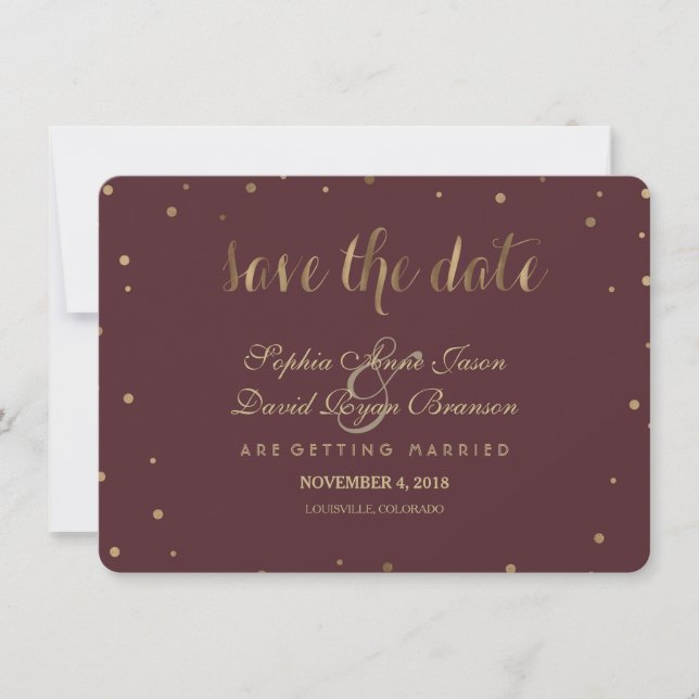 Gold Confetti Love Burgundy Wedding Save The Date (Front)