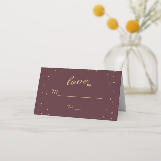Gold Confetti Love Burgundy Wedding Table Number Place Card (Front)