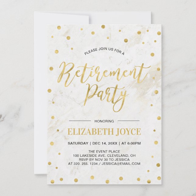 Gold Confetti & Marble | Modern Retirement Party Invitation (Front)