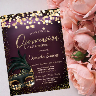 Gold Confetti Masque Burgundy Quinceañera Invitation
