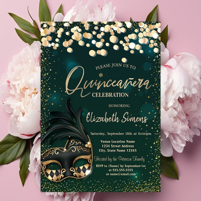 Gold Confetti Masque Green Quinceañera  Invitation (Creator Uploaded)
