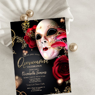 Gold Confetti Masque Red Roses Quinceañera Invitation