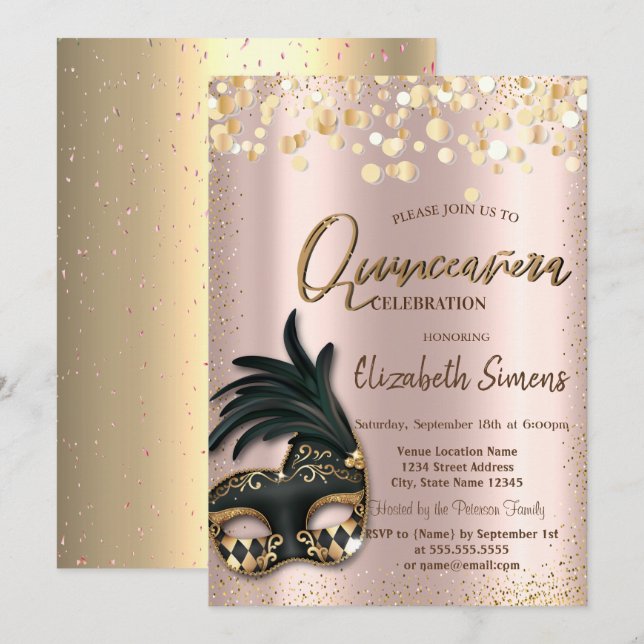 Gold Confetti Masque Rose Gold Quinceañera Invitation (Front/Back)