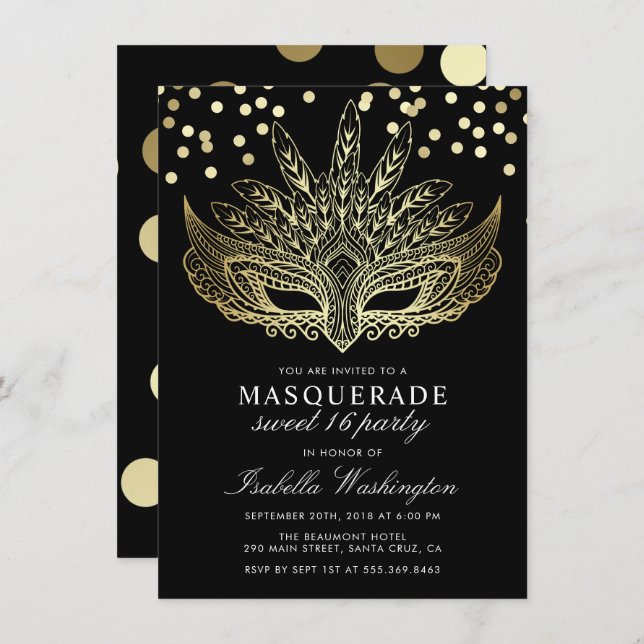 Gold Confetti Masquerade Sweet 16 Party Invitation (Front/Back)