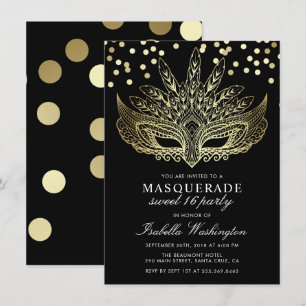 Gold Confetti Masquerade Sweet 16 Party Invitation