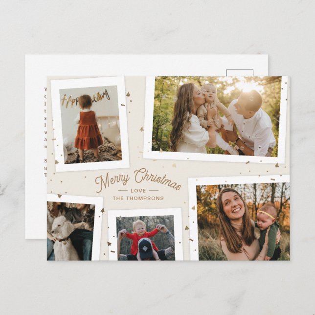 Gold Confetti Memories Christmas Photo Postcard (Front/Back)