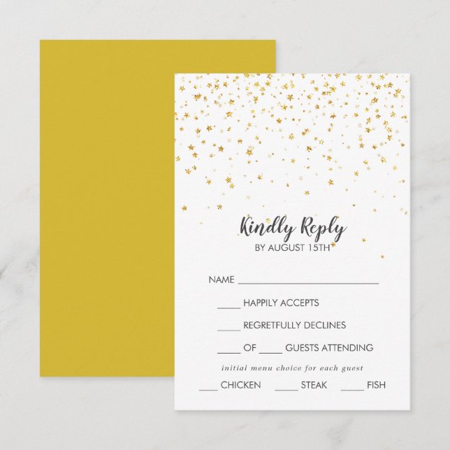 Gold Confetti Menu Choice Wedding RSVP Card (Front/Back)
