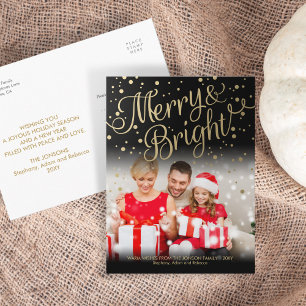 Gold Confetti Merry Bright Photo Xmas Postcard