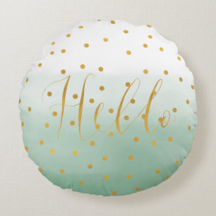 Gold Confetti Mint Watercolor Hello Round Cushion