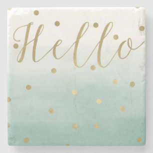Gold Confetti Mint Watercolor Hello Stone Coaster