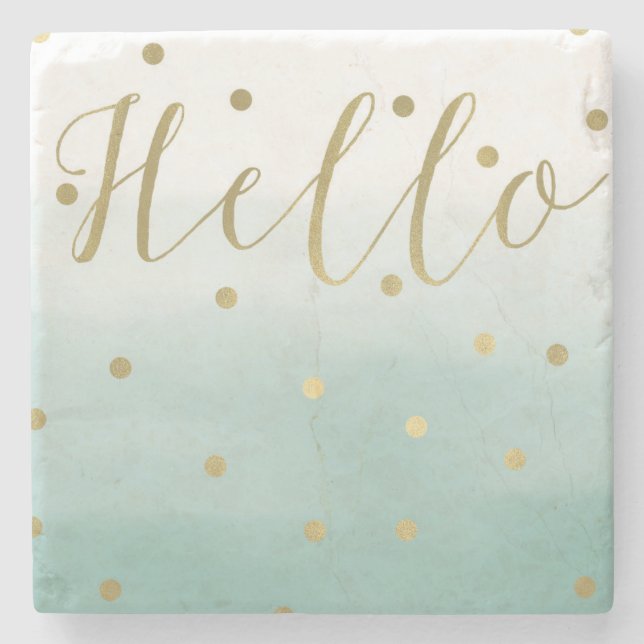 Gold Confetti Mint Watercolor Hello Stone Coaster (Front)