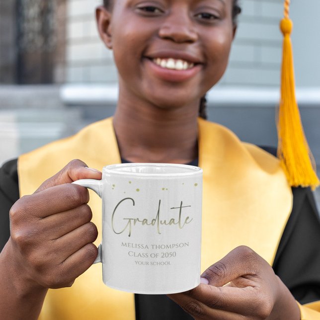 Gold Confetti Modern Calligraphy Graduation  Coffee Mug (Elegant gold confetti graduate mug with modern script design for stylish celebration gift. 🎓✨)