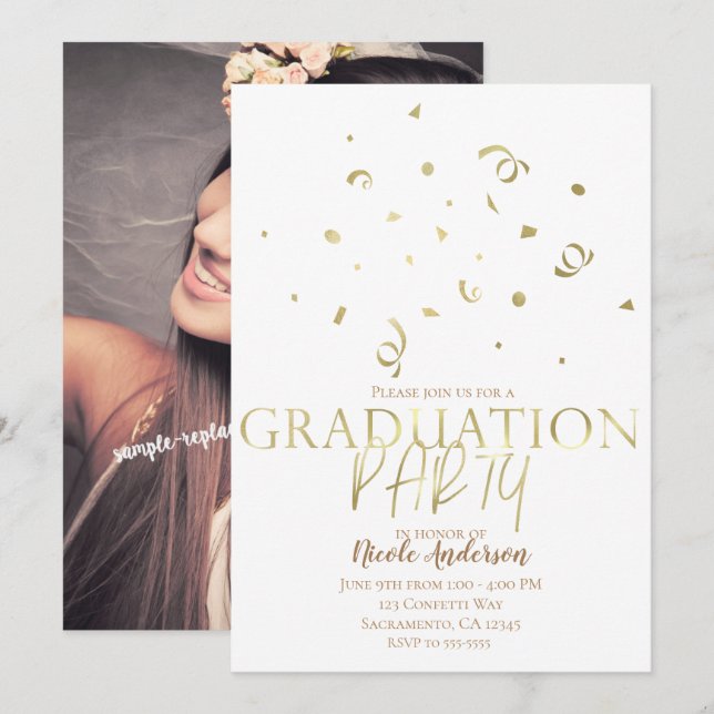 Gold Confetti Modern Graduation Party Full Photo Invitation (Front/Back)
