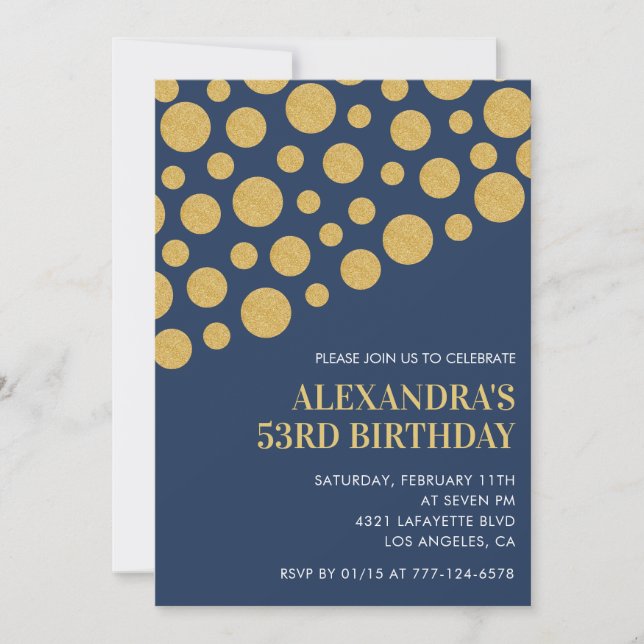 Gold Confetti Navy Blue 53rd birthday invitations  (Front)
