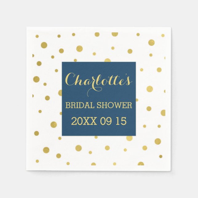 Gold Confetti Navy Blue Bridal Shower Napkin (Front)