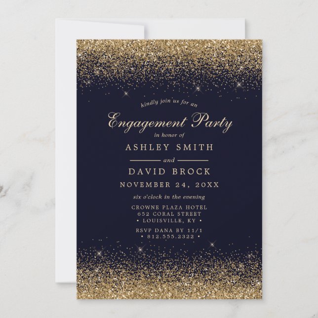 Gold Confetti Navy Blue Modern Engagement Invitation (Front)
