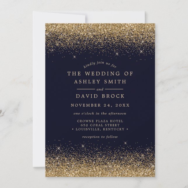 Gold Confetti Navy Blue Modern Wedding Invitation (Front)