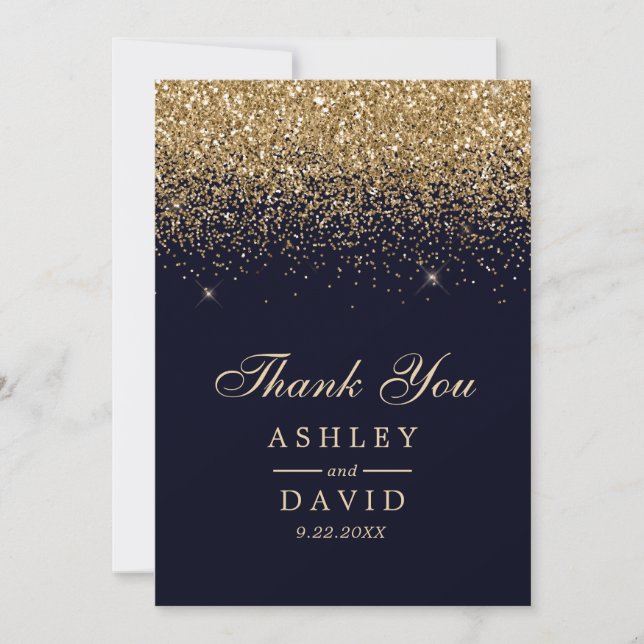 Gold Confetti Navy Blue Modern Wedding Thank You Card (Front)