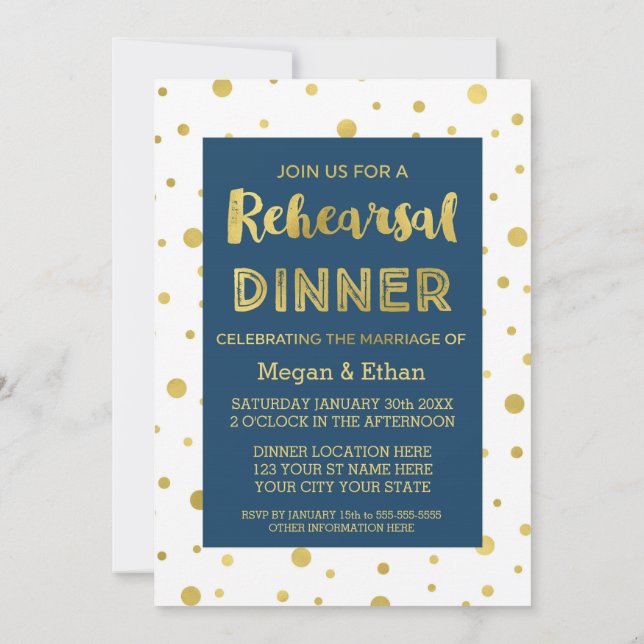 Gold Confetti Navy Blue Rehearsal Dinner Party Invitation (Back)