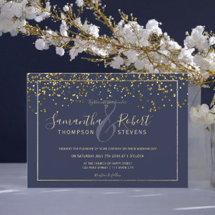 Gold confetti navy blue script chic modern wedding invitation
