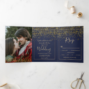 gold confetti navy blue typography photo wedding Tri-Fold invitation