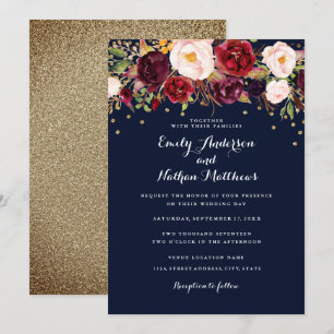 Gold Confetti Navy Burgundy Floral Wedding Invitation