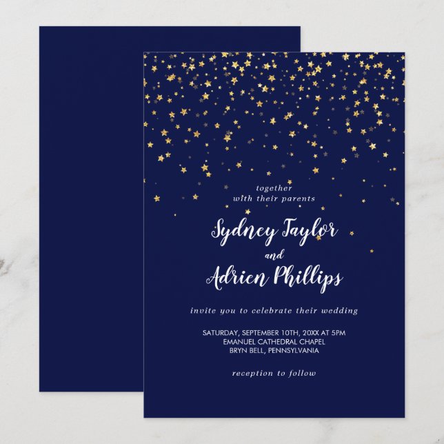 Gold Confetti | Navy Casual Wedding Invitation (Front/Back)