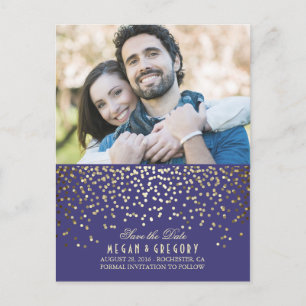Gold Confetti Navy Elegant Photo Save the Date Announcement Postcard