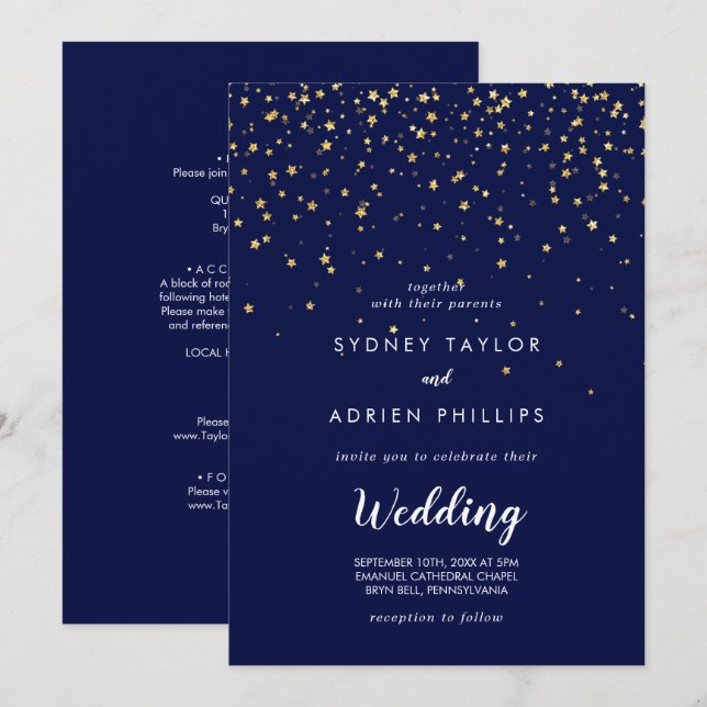 Gold Confetti | Navy Front and Back Wedding Invitation (Front/Back)