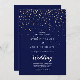 Gold Confetti Navy Front and Back Wedding Invitation
