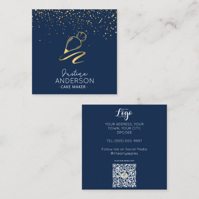 Gold Confetti Navy icing Bag Chef  Square Business Card (Front/Back)