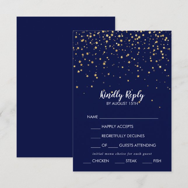 Gold Confetti | Navy Menu Choice Wedding RSVP Card (Front/Back)