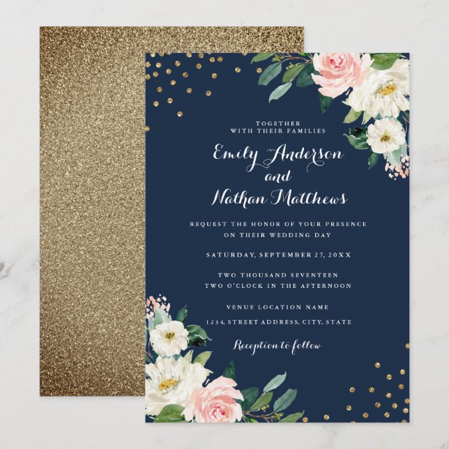 Gold Confetti Navy Pink Floral Wedding Invitation (Front/Back)