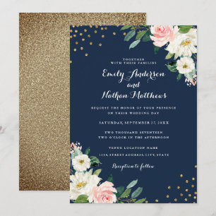 Gold Confetti Navy Pink Floral Wedding Invitation