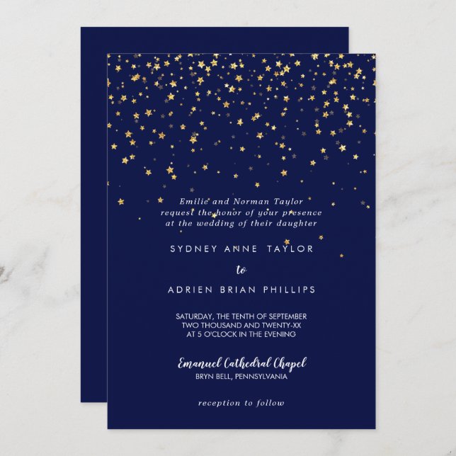 Gold Confetti | Navy Traditional Wedding Invitation (Front/Back)