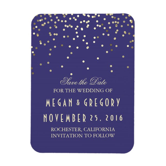 Gold Confetti Navy Vintage Save the Date Magnet (Vertical)