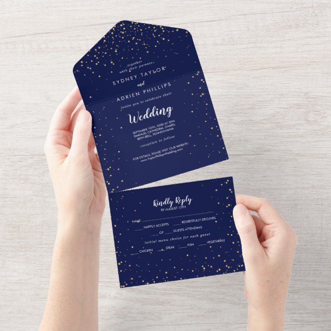 Gold Confetti | Navy Wedding All In One Invitation (Tearaway)