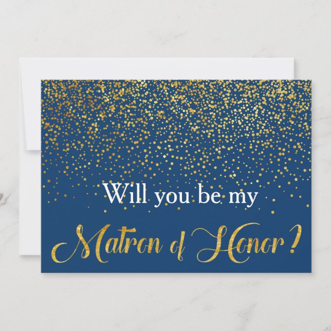 Gold Confetti Navy Will you be My Matron of Honour Invitation (Front)