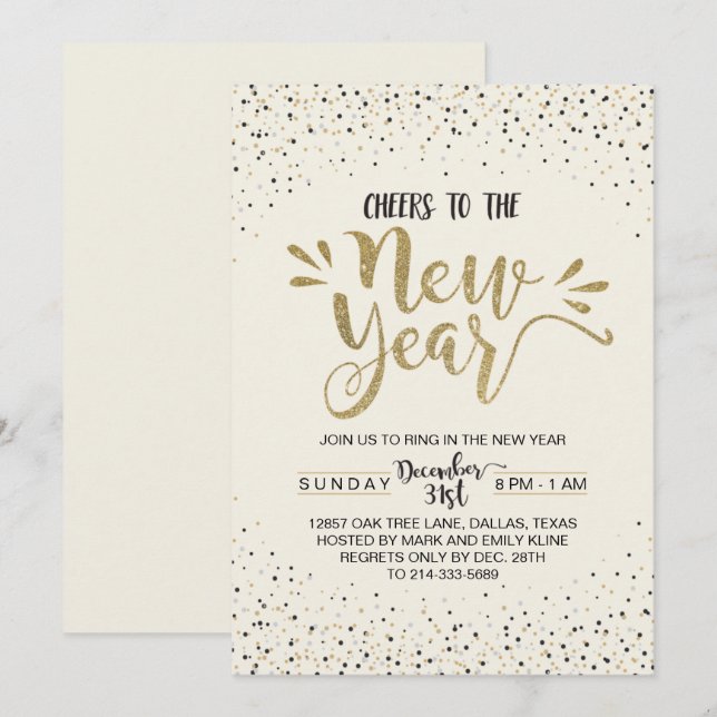 Gold Confetti New Year's Eve Party Invitation (Front/Back)